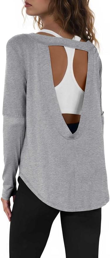 Tankaneo Womens Open Back Workout Shirts Casual Long Sleeve Boat Neck Tops Athletic Gym Yoga Tees with Thumb Holes