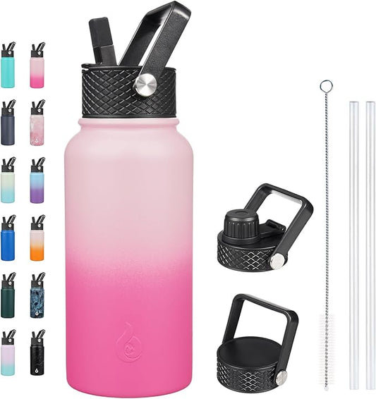 BJPKPK Insulated Water Bottles with Straw Lid, 27oz Stainless Steel Water Bottle with 3 Lids, Leak Proof BPA Free Metal Thermo, Mugs, Tumblers, Keep Cold Hot -Cherry