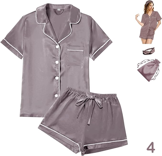4Pcs Womens Satin Silky Pajama Sets Short Sleeve Shirt XS-4XL Floral Pajamas Set Soft PJ Loungewear Sleepwear
