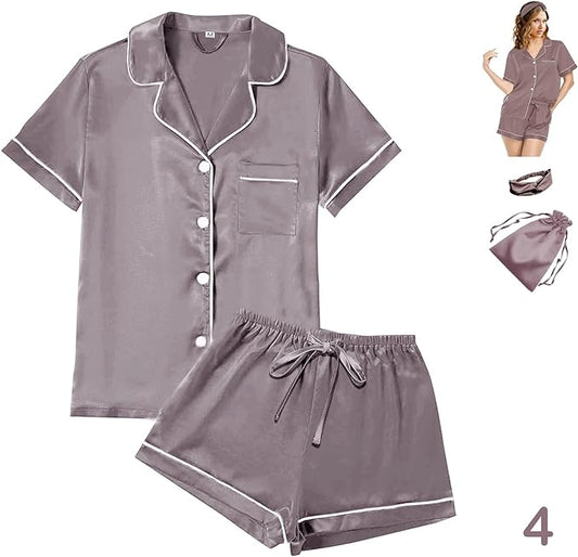 4Pcs Womens Satin Silky Pajama Sets Short Sleeve Shirt XS-4XL Floral Pajamas Set Soft PJ Loungewear Sleepwear