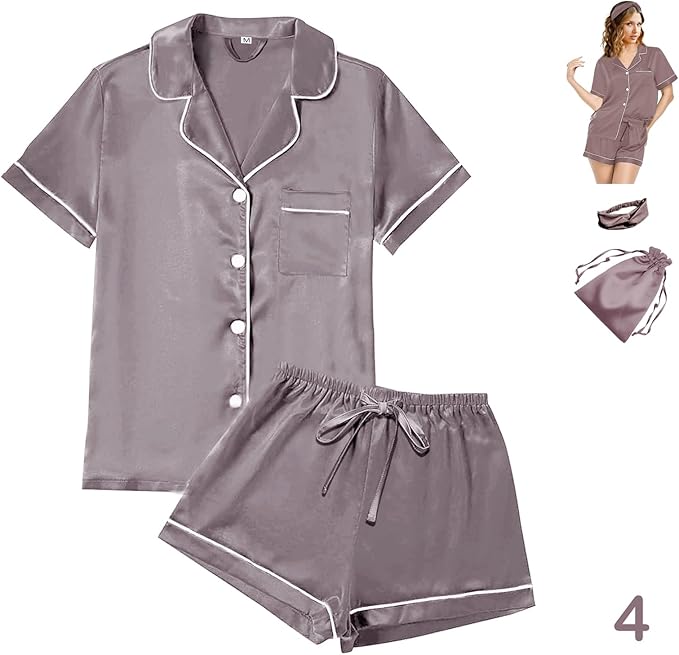 4Pcs Womens Satin Silky Pajama Sets Short Sleeve Shirt XS-4XL Floral Pajamas Set Soft PJ Loungewear Sleepwear