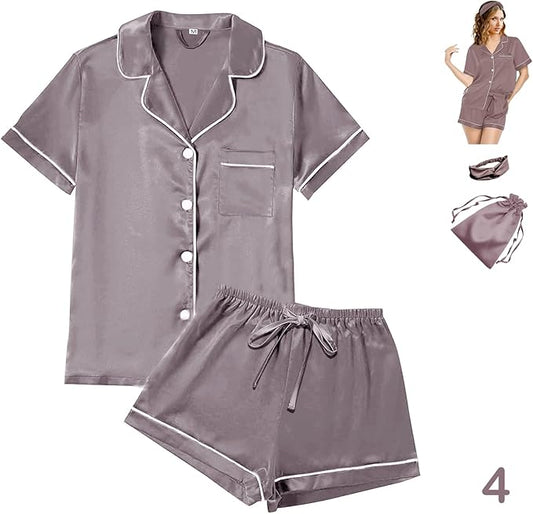 4Pcs Womens Satin Silky Pajama Sets Short Sleeve Shirt XS-4XL Floral Pajamas Set Soft PJ Loungewear Sleepwear