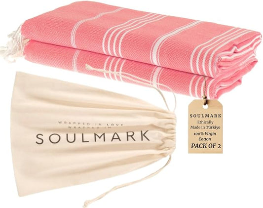 SOULMARK 100% Cotton Turkish Beach Towel with Bag - 38"x71" - 2 Pack - Made in Green & Oeko TEX Certified - Pre-Washed & Sand Free - Quick Dry and Lightweight for Travel - Made in Turkey - Salmon Red