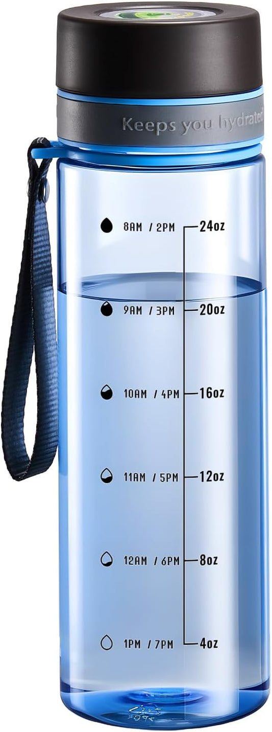 Plastic Water Bottles, 28oz Clear Water Bottle with Measurements, Wide Mouth Water Bottle with Strap, Gym Water Bottles for Men (Blue)