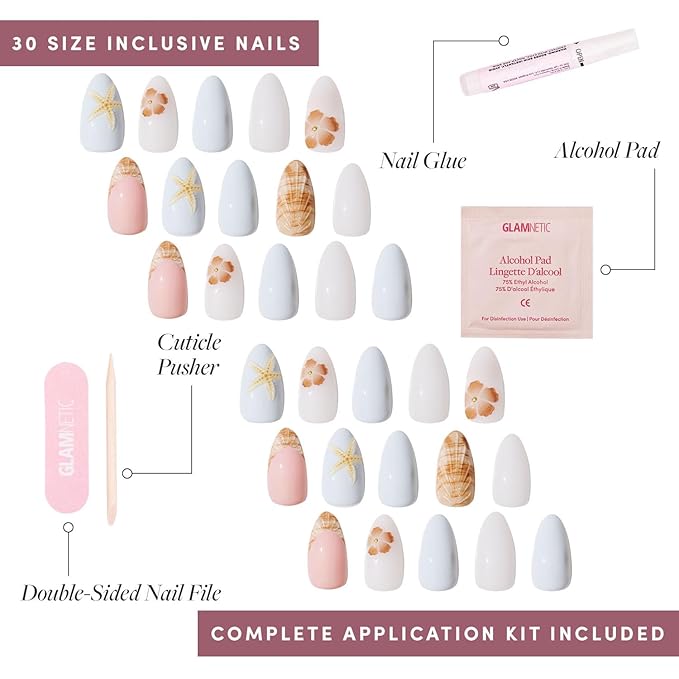 Glamnetic Press On Nails - Sea Star | Short Almond Seashell Nails with 3D Nail Art, Salon Quality Summer Nails | 15 Sizes - 30 Nail Kit with Glue