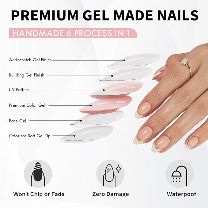 White French Tip Press on Nails with Gold Line Design - Soft Gel Almond Nails Short for Women, Glossy Glue on Nails with Glue in 16 Sizes - 32 Reusable Fake Nails, Gold Ribbon
