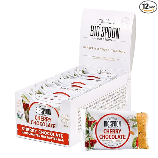 Big Spoon Roasters Cherry Chocolate Nut Butter Bars - Low Carb, High Protein Bars w/Pea Protein - Vegan Snacks w/Peanut & Almond Butter - Gluten-free, Soy-free, & Lean Protein - 1.76 Ounce - 12 Pack