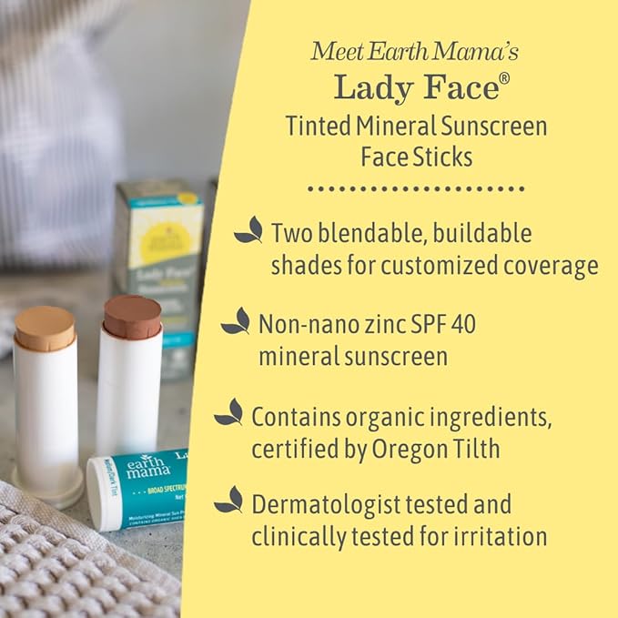 Earth Mama Lady Face® Tinted Mineral Sunscreen Stick, SPF 40 Medium/Dark Tint | Contains Organic Shea & Cocoa Butter | Foundation + Concealer + Contour, Blends with Most Skin Tones
