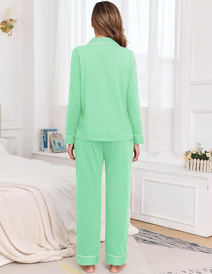 Veseacky 100% Cotton Pajamas for Women Set Long Sleeve Button Down Sleepwear Soft Pjs Lounge Sets with Pockets S-XXL