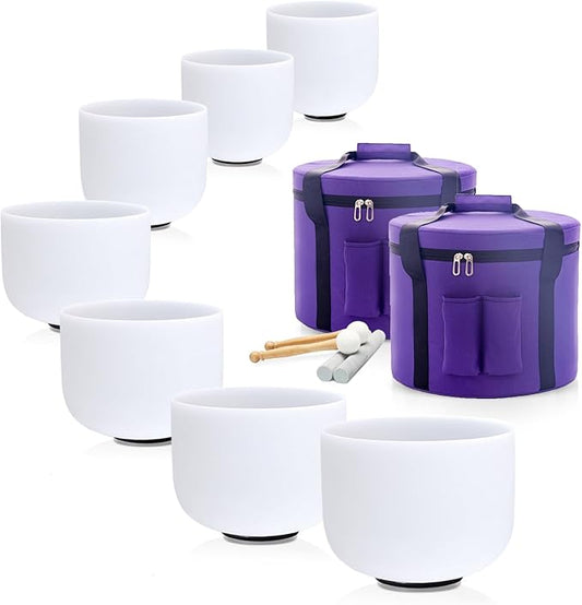 Hye-eun 432hz Crystal Singing Bowls Set,6-12 Inch Quartz Frosted Sound Bowls Set of 7 Pcs Chakra for Yoga Meditation with Heavy Duty Carrying Case