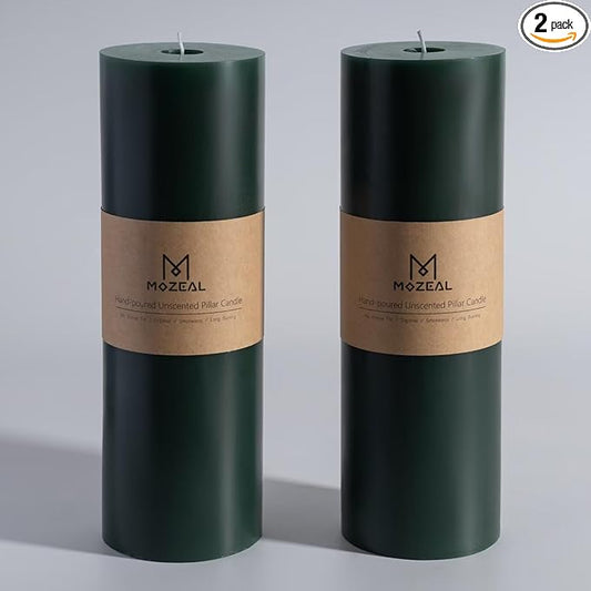 MOZEAL 4" x 12" Extra-Large Dark Green Pillar Candles (Set of 2),Unscented,Dripless, Smokeless,Long Clean-Burning,These Tall 12 inch Large Green Pillar Candles Perfect for Weddings and Christmas Decor