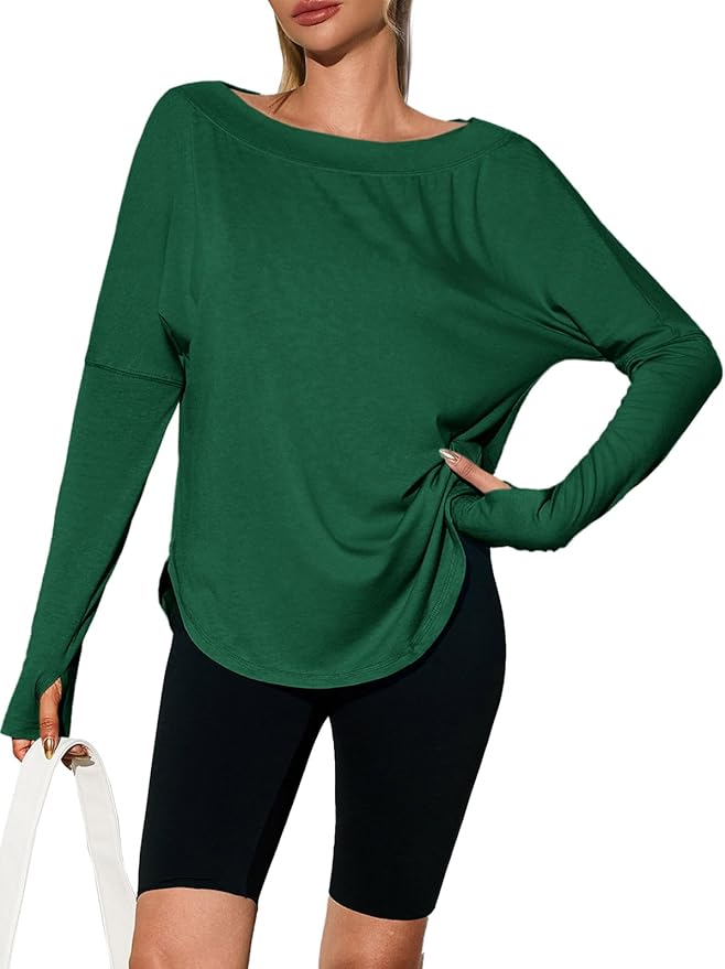 Tankaneo Womens Open Back Workout Shirts Casual Long Sleeve Boat Neck Tops Athletic Gym Yoga Tees with Thumb Holes