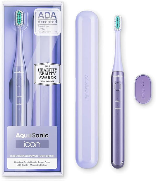 Aquasonic Icon ADA-Accepted Rechargeable Toothbrush | Magnetic Holder & Slim Travel Case | 2 Brushing Modes & Smart Timers | Gentle Micro-Vibrations (Lilac)