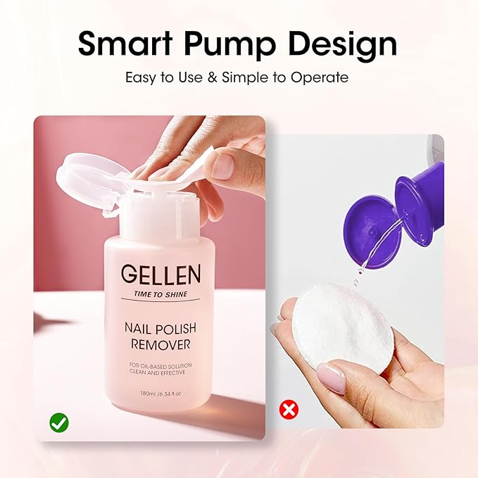 Gellen Nail Polish Remover, Non Acetone Nail Polish Remover for Regular Nail Polishes, Rose Scent Healthy, Easy Push-down Pump, 6.09 Fl Oz