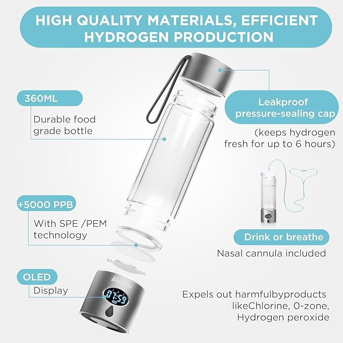 Hydrogen Water Bottle - Portable, Rechargeable, LED Timer,3 Work Mode, Aluminum and Glass,360ML,Hydrogen Water Ionizer Machine with PEM/SPE Technology, Suitable for Office,Home,Gym Outdoor