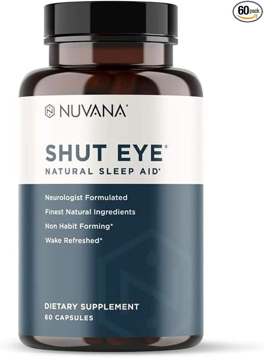 Shut Eye Natural Sleep Aid Supplement for Adults | 5mg Melatonin | Helps Relax and Promote Natural Deep Sleep with Valerian Root, Chamomile & Magnesium | Vegan & Non-GMO | 60 Capsules