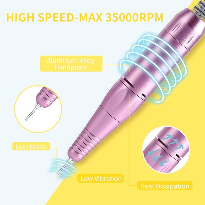Portable Nail Drill Professional 35000 RPM, MOCOWIND Rechargeable Electric Nail File Machine E File for Acrylic Gel Polishing Removing, Cordless E-File with Bits Kit for Manicure Salon Home