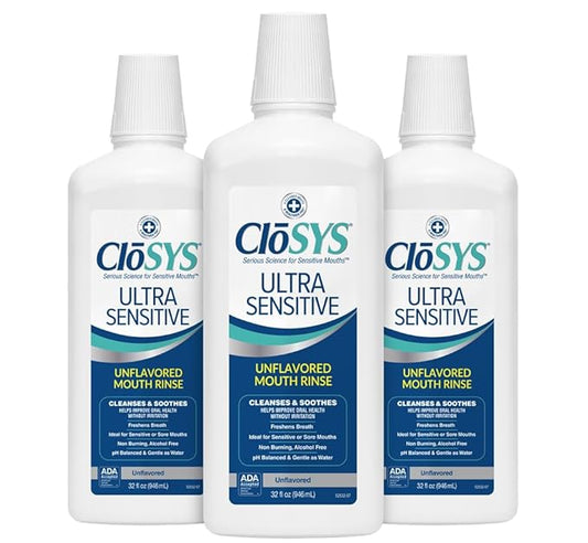 CloSYS Ultra Sensitive Mouthwash, Unflavored Alcohol Free, Dye Free, pH Balanced, Helps Soothe Entire Mouth - 32 Oz (Pack of 3)