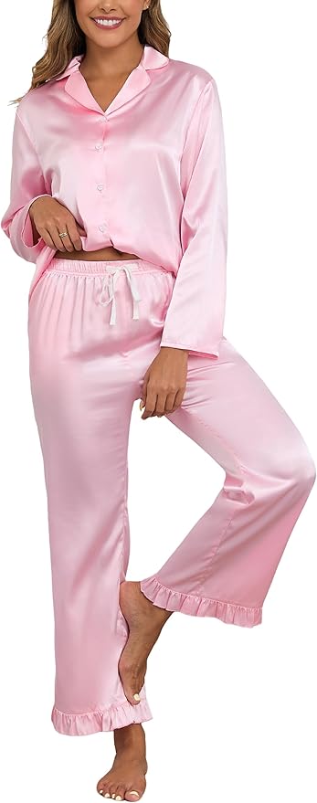 Veseacky Womens Satin Pajama Set Silk Pjs Button Down Long Sleeve Sleepwear Loungewear Sleepwear 2 Piece Pjs Set S-XXL