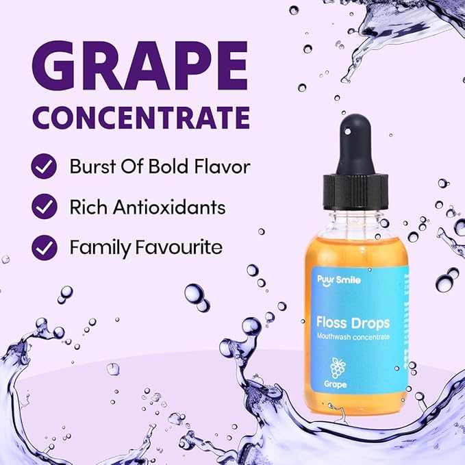 Concentrated Floss Drop Serum – 2oz Concentrated Mouth Wash to Use in Water Flosser | Natural Essentials Promotes Good Breath | Organic Drop Provides Good Oral Health (Grape Flavor)