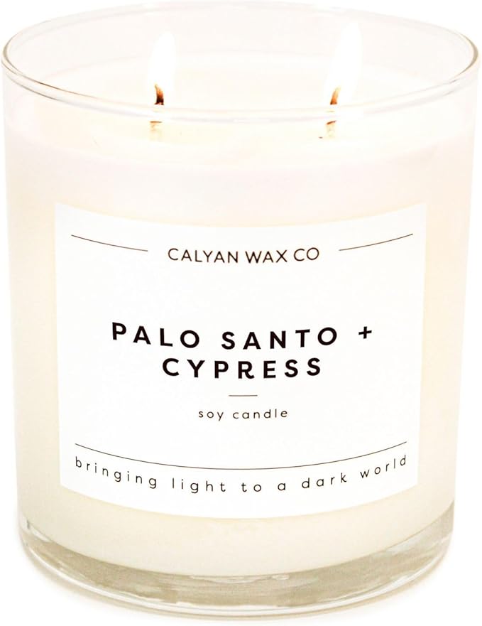 Calyan Wax Co. Palo Santo & Cypress 2 Wick Scented Candle - 37 Hour Burn - Luxury Non Toxic Soy Wax Candles - Long Lasting Large Glass Jar Candle for Home - 8.8oz