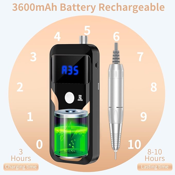 Portable Nail Drill Professional 35000 RPM, MOCOWIND Rechargeable Electric Nail File Machine E File for Acrylic Gel Polishing Removing, Cordless E-File with Bits Kit for Manicure Salon Home, Black