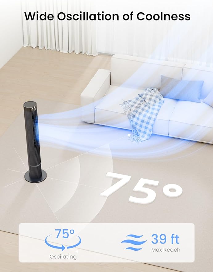 AIRMATE Super High Air Volume Tower Fan, 43" Height, 36 ft/s Velocity, 12 Speeds, 3 Mode, 12H Timer, Remote & Digital Display, 75° Oscillating Standing Fan with Upgraded Blower for Home & Office, Grey
