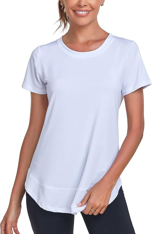 Women's Short Sleeve Workout Shirts Crewneck Sports Yoga Running Dry Fit Tops Side Split Tee