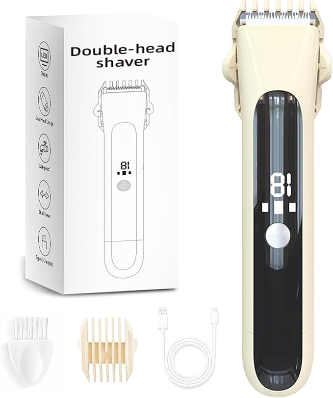 Dermave Bikini Shaver for Women, Bikini Trimmer for Women with Dual Head Shaver, Painless Wet & Dry Electric Razor for Smooth Bikini Line, Rechargeable & Portable, Beige