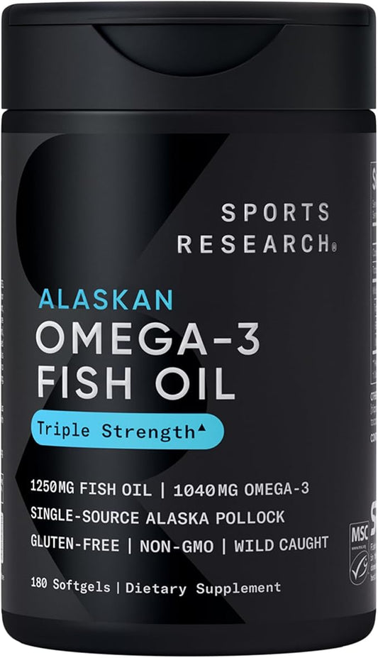 Sports Research® Omega-3 Fish Oil 1250 - Triple Strength Fish Oil Supplement from Wild Alaska Pollock - MSC Certified Sustainable · Non-GMO · Soy Free - 180 Softgel Capsules