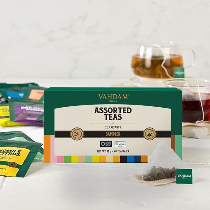 VAHDAM, Assorted Tea Sampler (20 Delicious Variety, 40 Individually Wrapped Pyramid Teabags) Long Leaf Premium Teas I Tea Gift Set I Gift Ideas for Lovers | Gifts for Him/Her