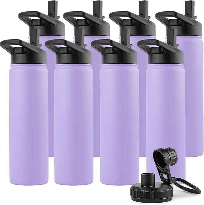 DOMICARE Insulated Water Bottle, 22 oz Vacuum Insulated Stainless Steel Reusable Sports Bottle with Straw Lid & Spout Lid for Travel, Camping, Bike, Leakproof, Purple, 8 Pack