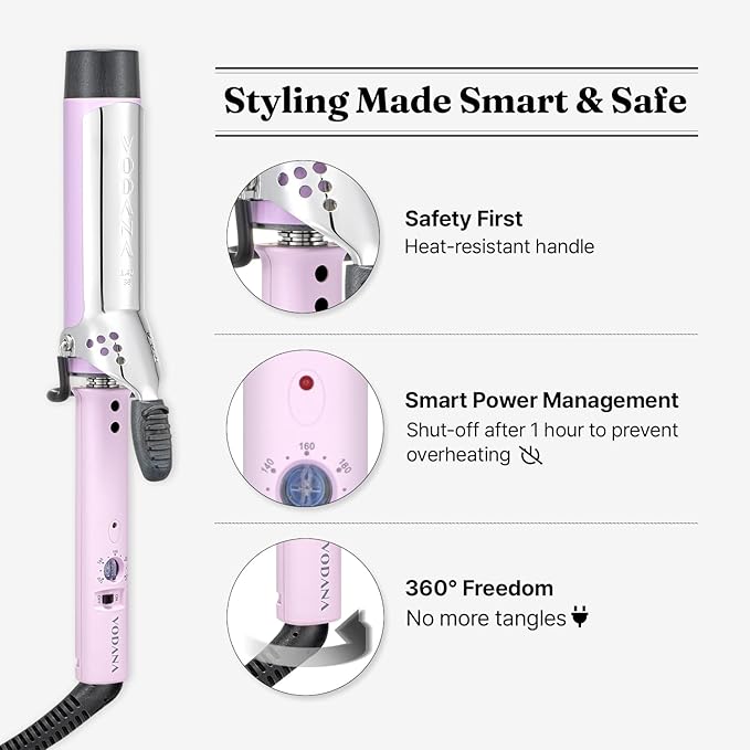 VODANA Professional GlamWave Ceramic Curling Iron, Long-Lasting Natural Curls, Instant Heat, Hair Curler, Curling Wand, Available in USA (1.4 inch, Lavender)