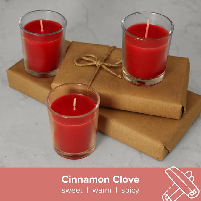 Simply Soson Scented Votive Candles, Bulk Set of 24 Red Spicy Cinnamon Clove Scented Candles Bulk, Fall Votive Candles Scented in Glass, 10 Hours Burn, for Holiday Christmas & Home Decoration