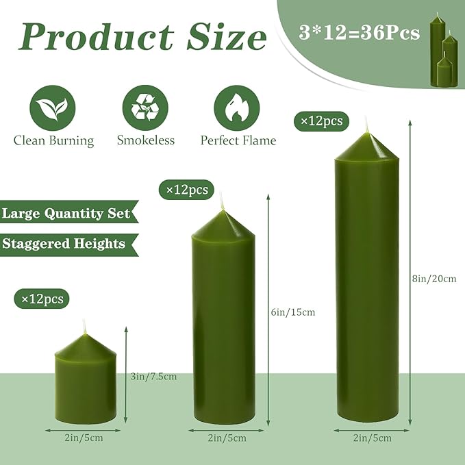 36 Pcs Green Pillar Candles Bulk Set，Hurricane Candles，3 Different Lengths (12 Each)，Dripless Unscented Smokeless，Gives You a Better Atmosphere When Organizing Wedding or Event Party.