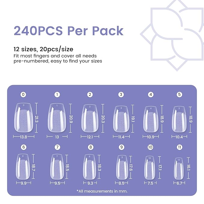 Short Coffin Nail Tips: 240PCS Pre-shaped Clear Gel Nail Tips Coffin Short, 12Sizes Acrylic Full Cover Fake Press on Nails for Nail Extension DIY Salon