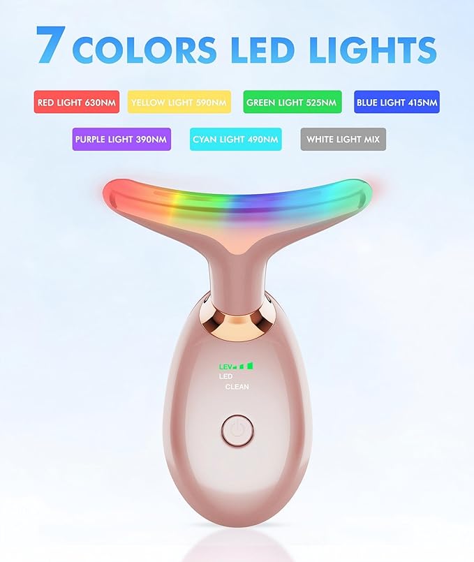 Red Light Therapy for Face and Neck, 7 Color Face Massager Tool for Wrinkles, Double Chin, Vibrating Facial Massager with Thermals for Skin Care, Rose Gold