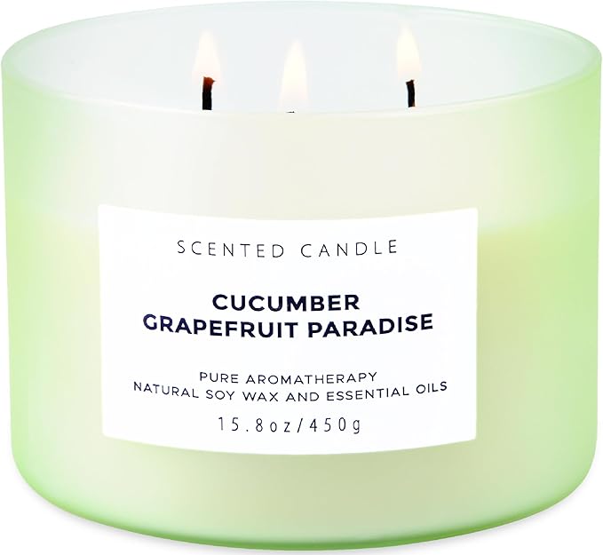 Cucumber Grapefruit Paradise 3-Wick Scented Candle | Large Soy Candle for Home 15.8 oz | Fresh Fruity Citrus Summer Aromatherapy Candle, Long Lasting Stress Relief & Relaxation Candles for Men & Women