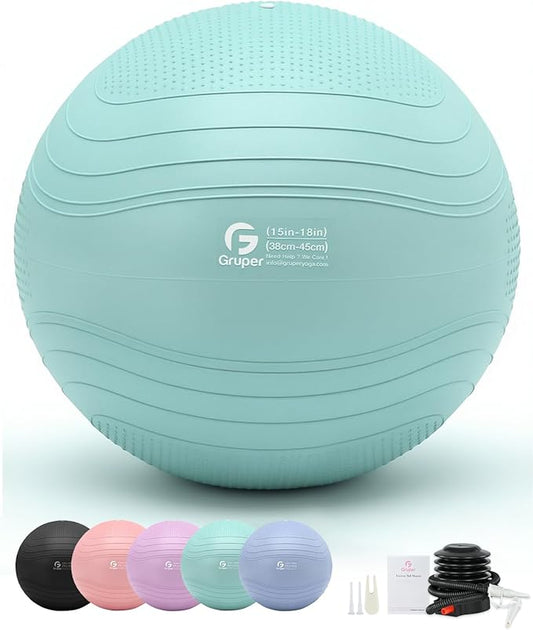 Gruper Yoga Ball, Extra Thick Exercise Ball for Workout Pregnancy Stability - 4 Sizes Anti Burst Balance Ball for Yoga, Pilates, Fitness, Birthing, Physical Therapy - Includes Pump