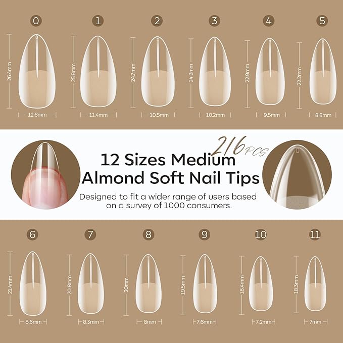 modelones Medium Almond Nail Tips, Pre-shaped Soft Gel Tips Fake Nails False Acrylic Clear Full Cover Press on Extension Kit Gel Manicure DIY at Home 216PCS 12Sizes