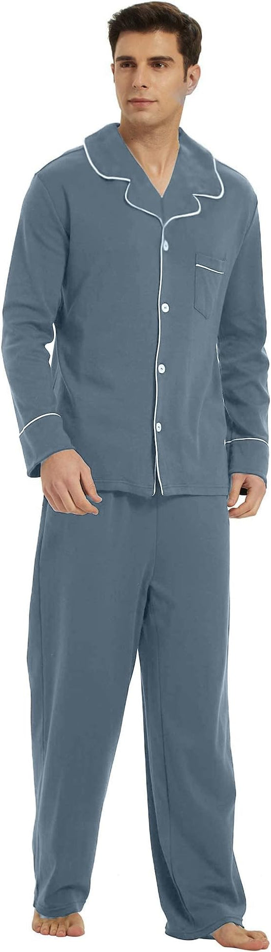 U2SKIIN Mens Cotton Pajama Set, Soft Long Sleeve Pajamas for men Lightweight Button Up Sleepwear Lounge Pjs Set with Pockets