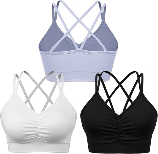 Women's Cross Back Sports Bra Padded Strappy Medium Support Yoga Bra for Workout Fitness 3 Pack