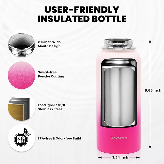 Insulated Water Bottle 32 oz, Triple Wall Vacuum Stainless Steel (Cold for 48 Hrs), Leak Proof & Non-BPA, Modern Water Flask Jug with Paracord Handle & Straw Spout Lids, Ombre Pink