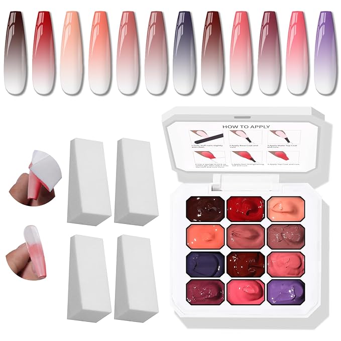 Sponge Pat Gel Nail Polish Palette, 12 Colors Blending Ombre Gel Polish Gradient Painting Nails Art, No Wipe, UV/LED Cured (12 Colors G)