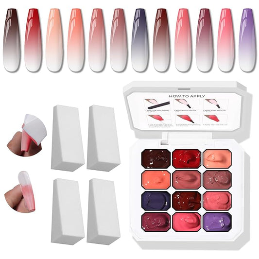 Sponge Pat Gel Nail Polish Palette, 12 Colors Blending Ombre Gel Polish Gradient Painting Nails Art, No Wipe, UV/LED Cured (12 Colors G)