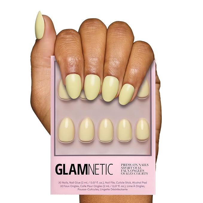 Glamnetic Press On Nails - Pastel Yellow | Short Oval Yellow Fake Nails with Glossy Finish, Salon Quality| 15 Sizes - 30 Nail Kit with Glue