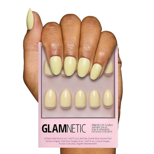 Glamnetic Press On Nails - Pastel Yellow | Short Oval Yellow Fake Nails with Glossy Finish, Salon Quality| 15 Sizes - 30 Nail Kit with Glue