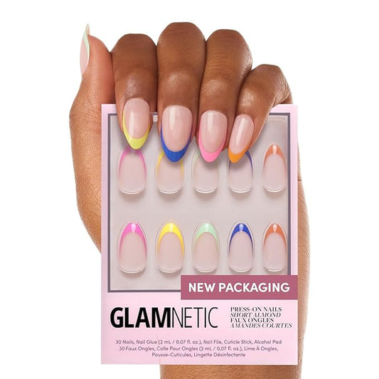 Glamnetic Press On Nails - Sprinkles | Rainbow French Tip Nails, UV Finish Short Pointed Almond Shape, Salon Quality Semi-Transparent Nails in 12 Sizes - 24 Nail Kit with Glue