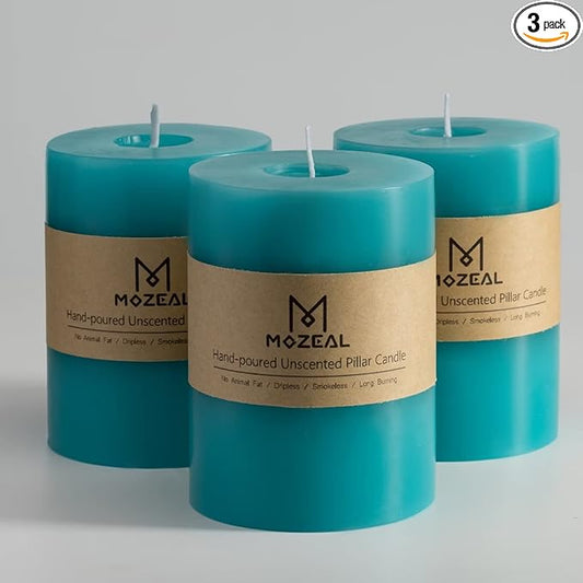 MOZEAL 3" x 4" Hand-Poured Unscented Candle,Dripless Pillar Candle Set of 3,Long Clean Burning,Approx 72 Hours Burn Time,Rustic Country Style,Wedding,Dinner,Christmas and Home Decor,Turquoise Teal