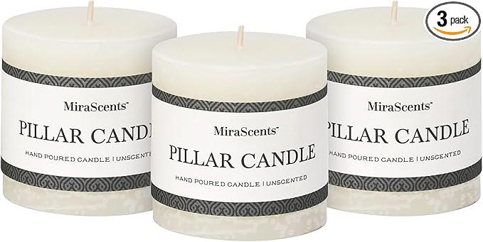 3x3 Inch White Pillar Candles - Set of 3, Hand-Poured Unscented, Long Burning, Smokeless Dripless for Dinner Table, Wedding, Home, Bathroom, Rustic Decor